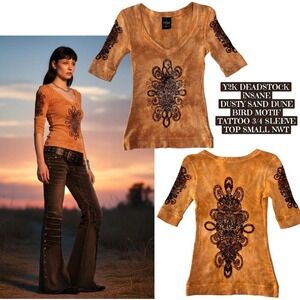 DEADSTOCK NWT GRUNGE Y2K Sand Dune TATTOO 3/4 Sleeve Bling Top - Small